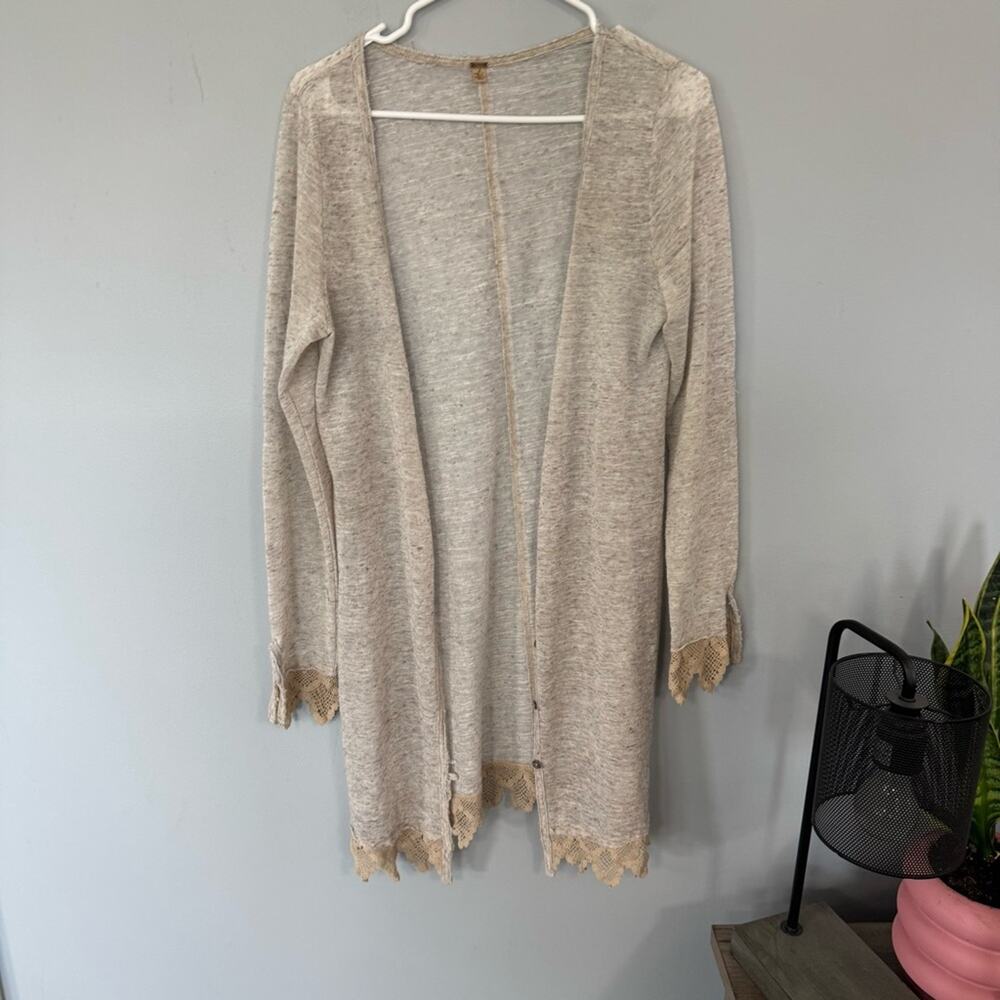 Free People Women's Beige Half Button Down Cardigan Sweater Size Large Lace Edge
